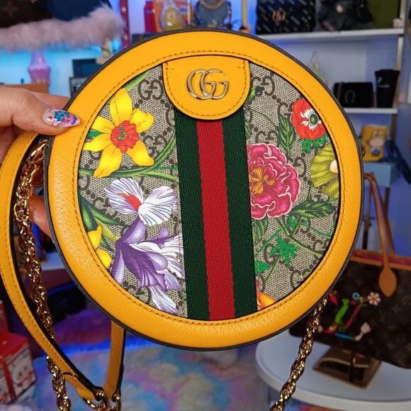 NIB GUCCI GG Supreme Monogram Flora Web Ophidia Round Crossbody Shoulder Bag Yel - Picture 2 of 10
